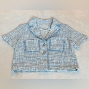 XS Joie Light Blue Tweed Short Sleeve Jacket W/ Silver Buttons – Chic & Elegant
